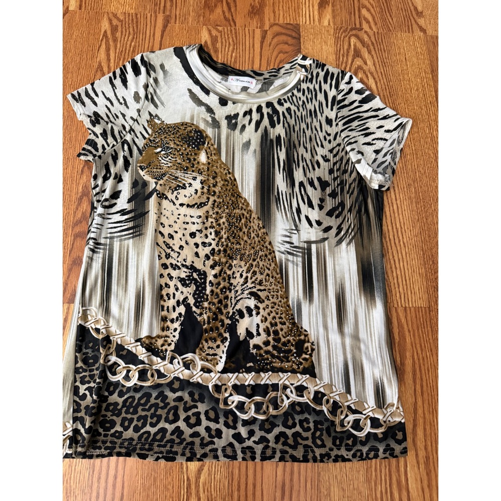 Aronia 1XL Leopard Rhinestone Bling Animal Print Graphic Tunic Top Y2K Plus